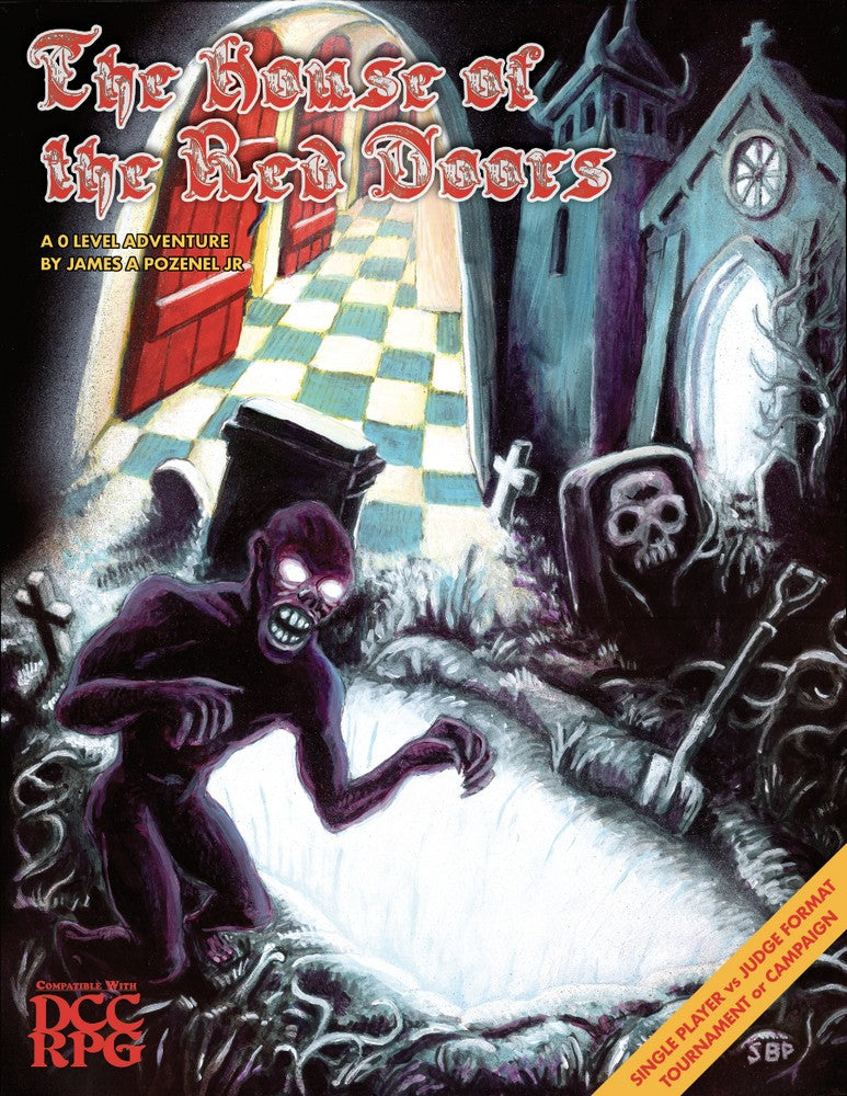 The cover for The House of the Red Doors shows a glowing-eyed monster rising from a grave in a graveyard and a path to red doors
