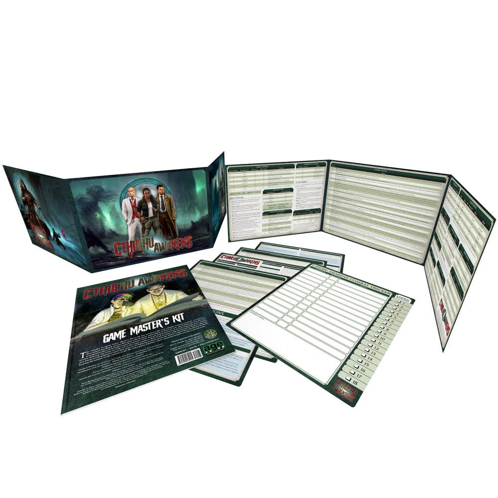 Cthulhu Awakens Game Master's Kit, including GM screen, rule sheets, and combat tracker, displayed on white