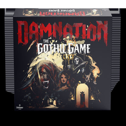 Box for "Damnation: The Gothic Game," featuring dark gothic horror art with a fanged creature, skeletons, and a woman.