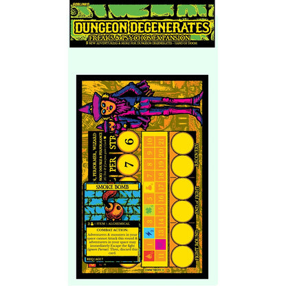 Purple-clad jester character card from Dungeon Degenerates: Freaks & Psychos, with a 'Smoke Bomb' item