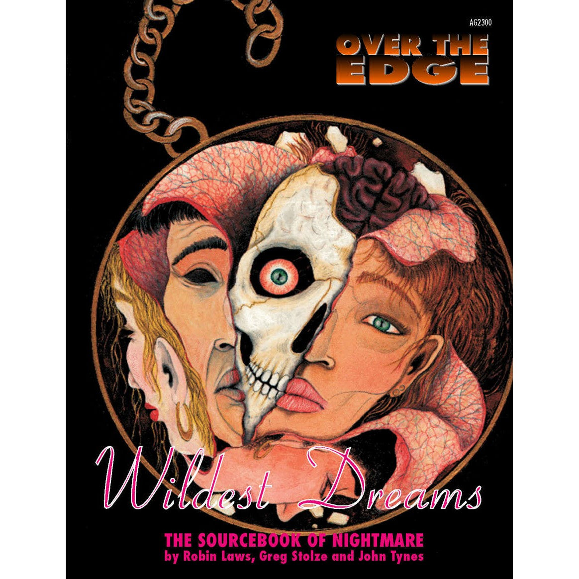 Cover for 'Wildest Dreams': A locket showing two faces splitting around a skull, with exposed brain matter. 'OVER THE EDGE'