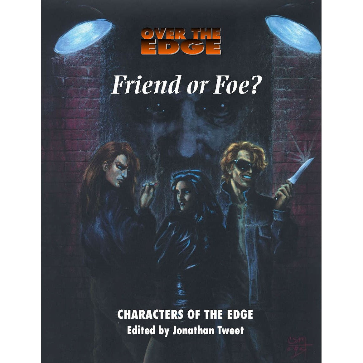Atlas Games Over the Edge First Edition RPG: Gritty cover art shows three characters in a dark alley, one man brandishes a knife, while a shadowy face looms behind them