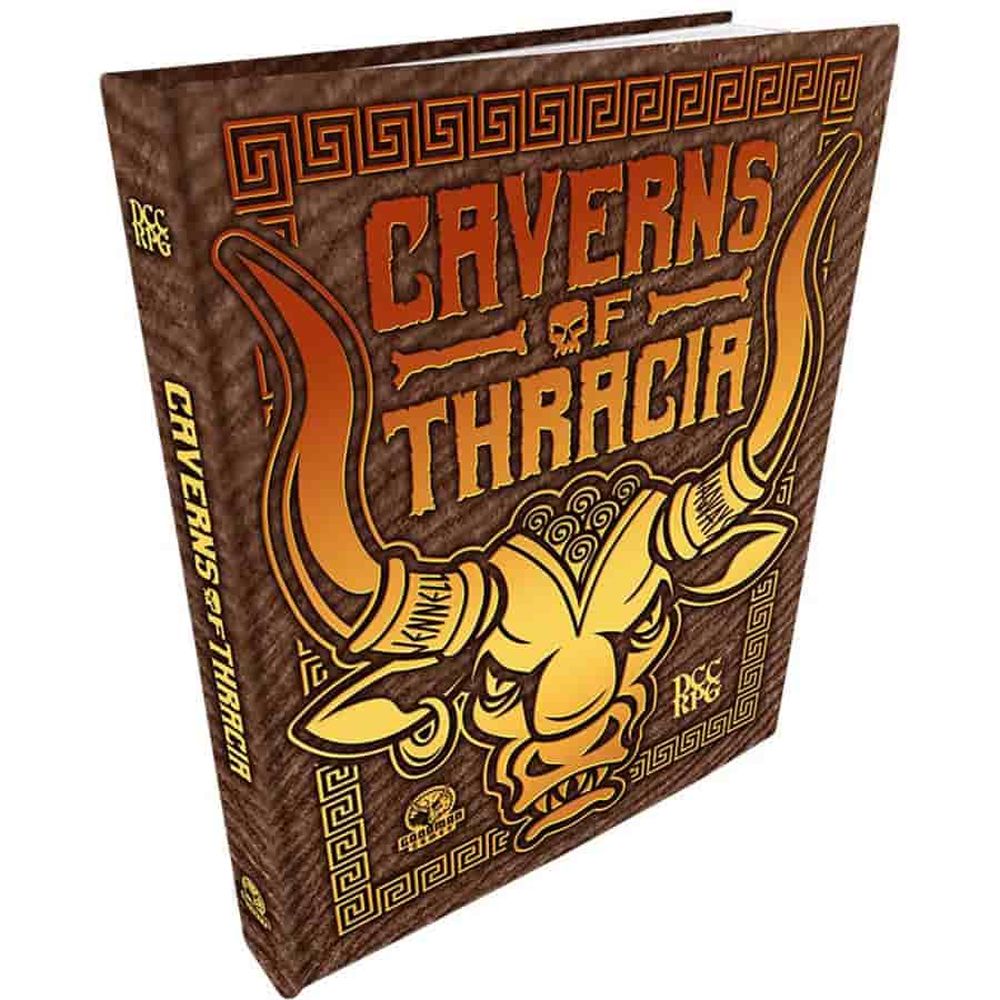 A brown and gold DCC RPG book "Caverns of Thracia" featuring a fierce golden bull's head on the cover
