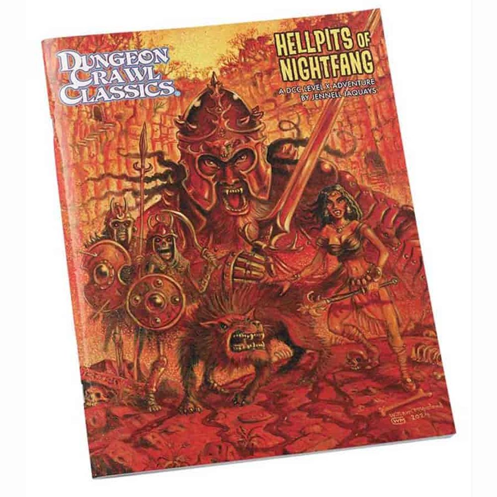 DCC RPG: Hellpits of Nightfang cover. A fierce armored demon-like warrior, female fighter, and monsters in a fiery red hellscape
