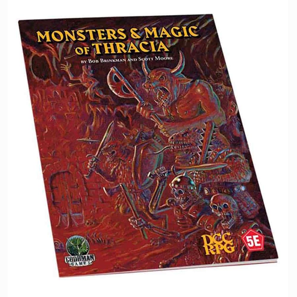 A snarling minotaur with an axe leads skeletons and a lizard creature in a red cavern