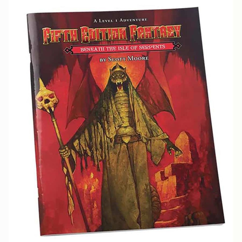 The cover of the Fifth Edition Fantasy Beneath the Isle of Serpents book features a robed, winged serpent-like creature holding a skull-topped staff