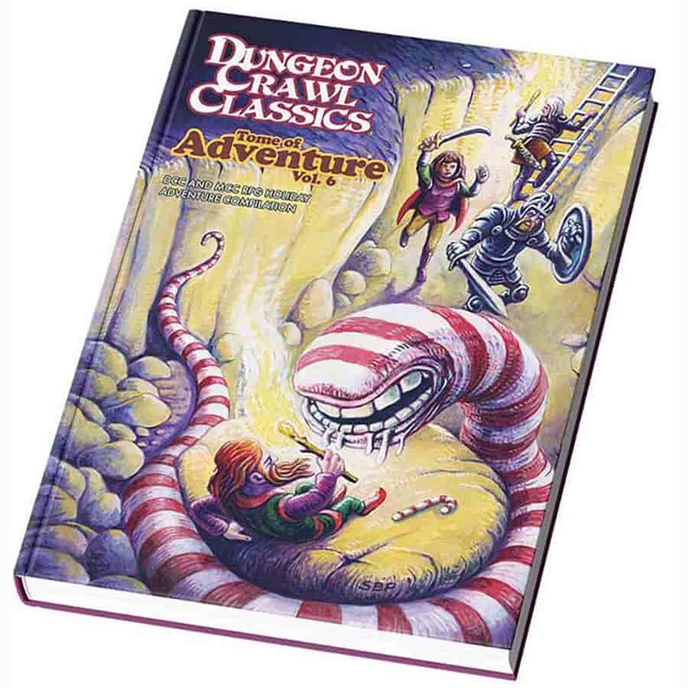 Dungeon Crawl Classics Tome of Adventure Vol. 6 cover. Adventurers and a small character with a glowing stick face a giant candy cane worm