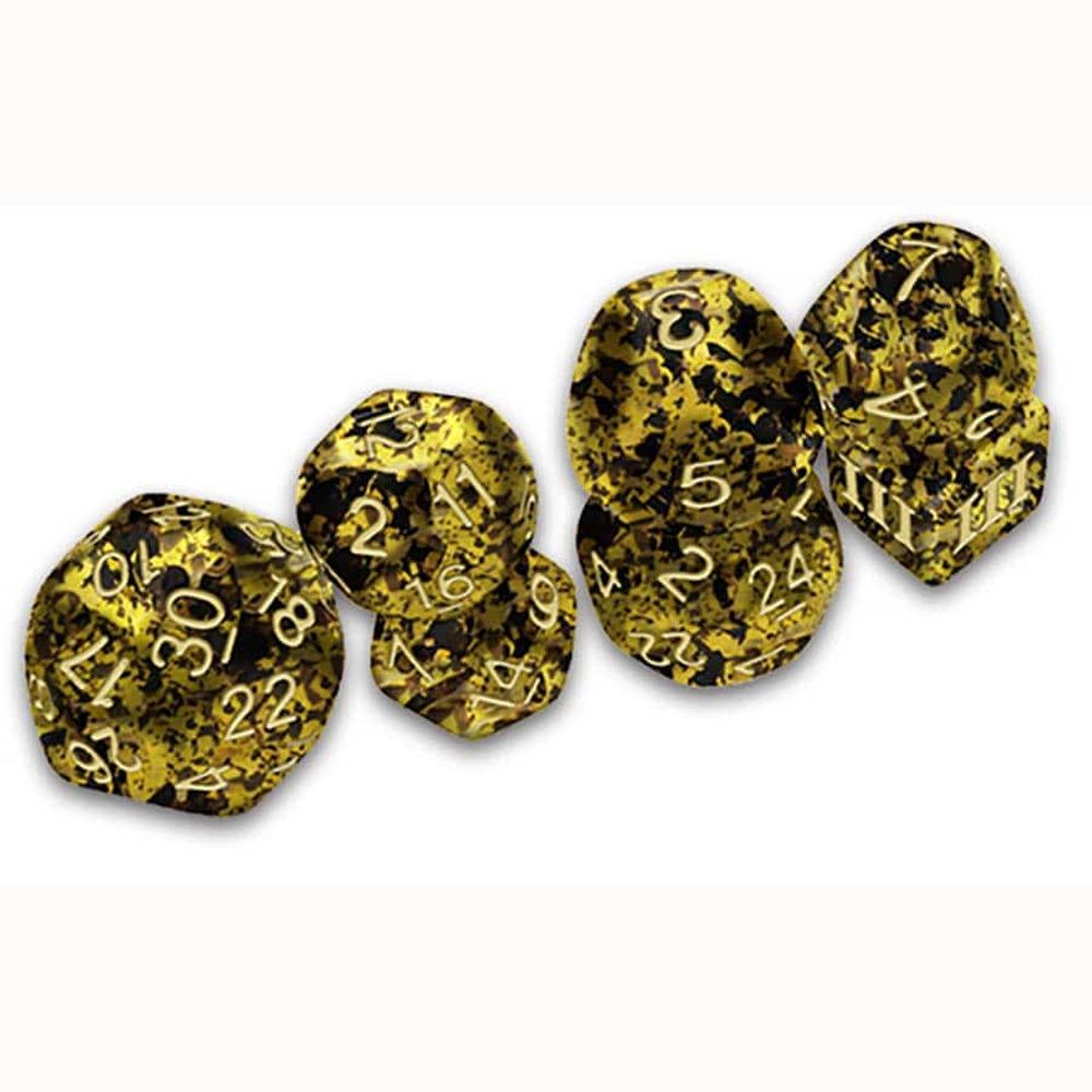 Seven black and gold speckled RPG dice including a D24 D20 D16 D12 D10 D8 and D4 ideal for Dungeon Crawl Classics or other tabletop role-playing games