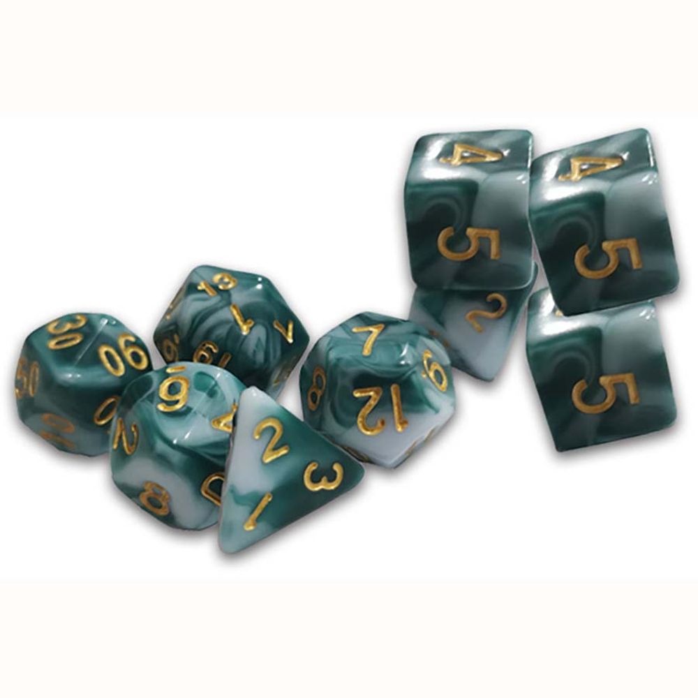 A collection of green and white marbled Dungeon Crawl Classics dice with gold numbers including polyhedral and square shapes
