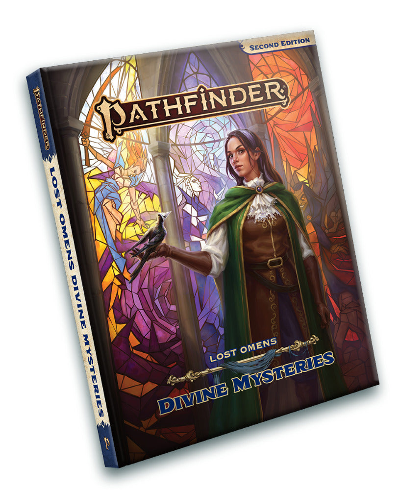 The Pathfinder Lost Omens Divine Mysteries book cover shows a woman in a green cape holding a black bird, against a backdrop of colorful stained glass windows