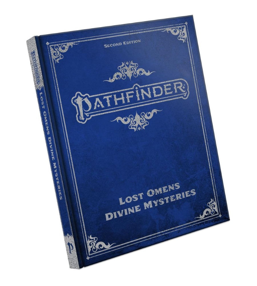 A blue "Pathfinder Second Edition: Lost Omens Divine Mysteries" book, with silver details and ornate borders