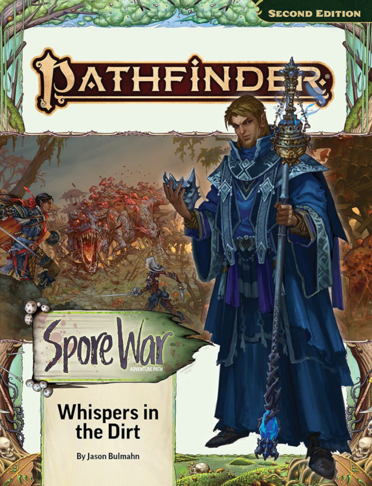 Pathfinder RPG cover: A robed wizard holds a staff and crystal, adventurers battle a giant fungus monster in a swamp