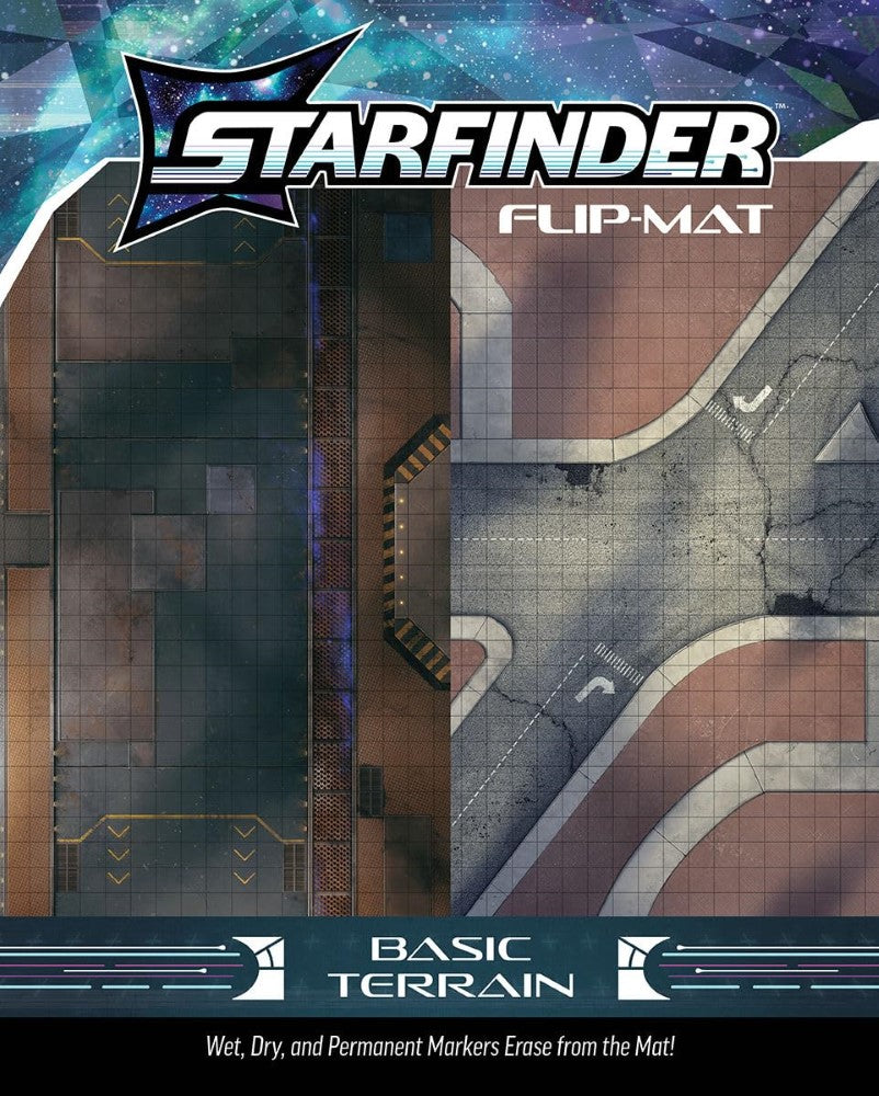 Paizo Starfinder RPG Basic Terrain Flip-Mat showing a sci-fi industrial floor and a cracked city street
