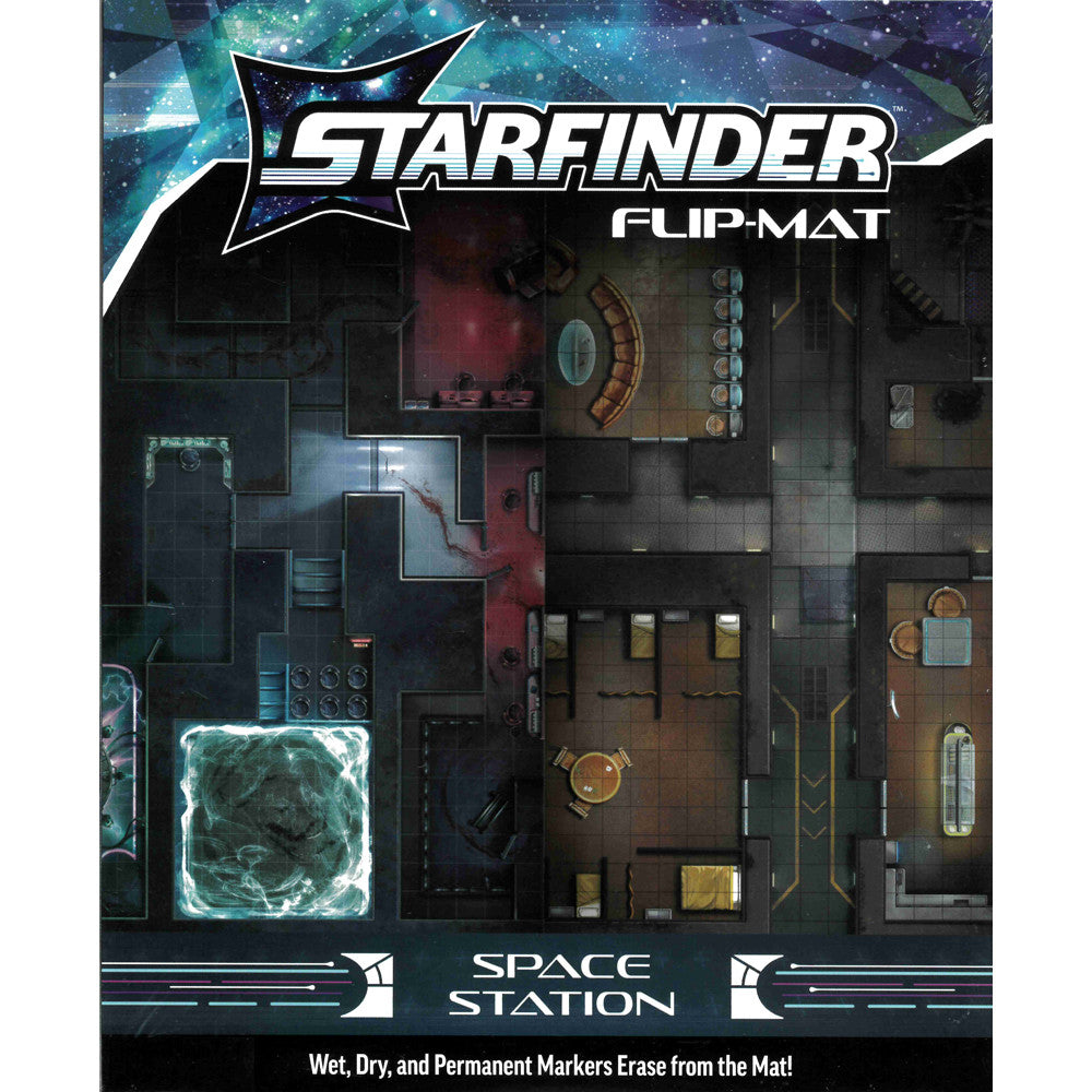 The Starfinder Space Station Flip-Mat displays a detailed top-down map of various sci-fi rooms and corridors within a space station layout for tabletop gaming