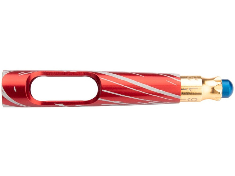 Red adjustable component with silver patterns, an oblong cutout, and a gold numbered end with a blue tip