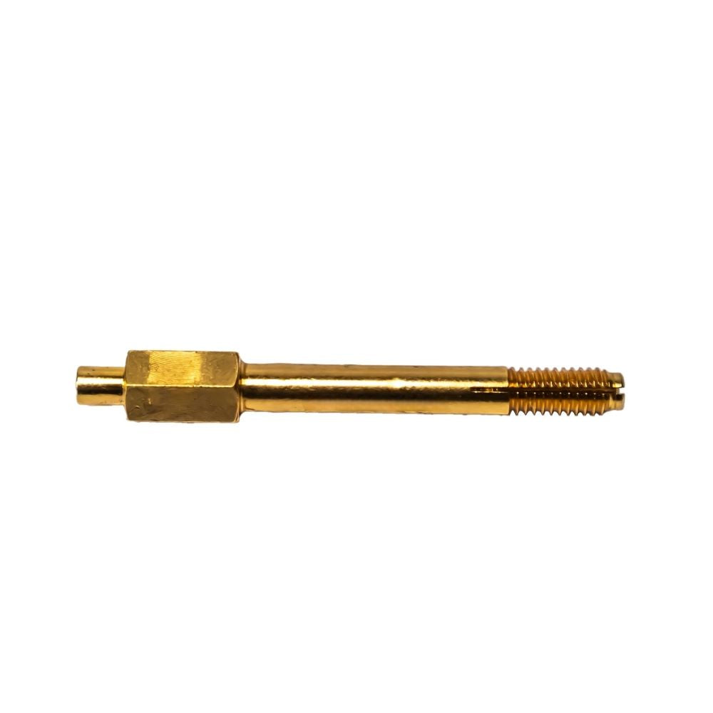 A gold needle guide with a hexagonal center and a threaded end with a slotted, expanding tip
