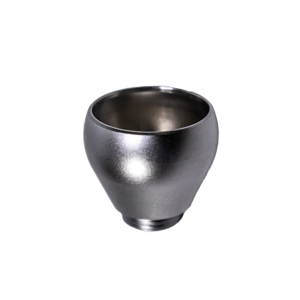 A small, silver metallic cup with a tapered body and threaded base