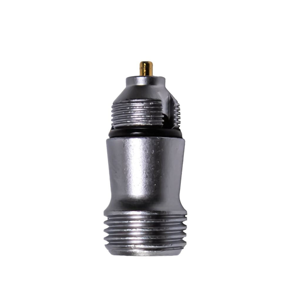A silver electrical connector with threaded ends, a gold contact pin, and a black O-ring