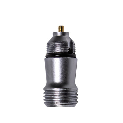 A silver electrical connector with threaded ends, a gold contact pin, and a black O-ring