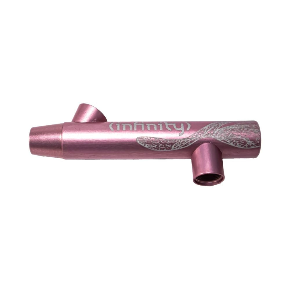 A pink metallic cylindrical component with "(infinity)" branding, a decorative pattern, and two port connectors