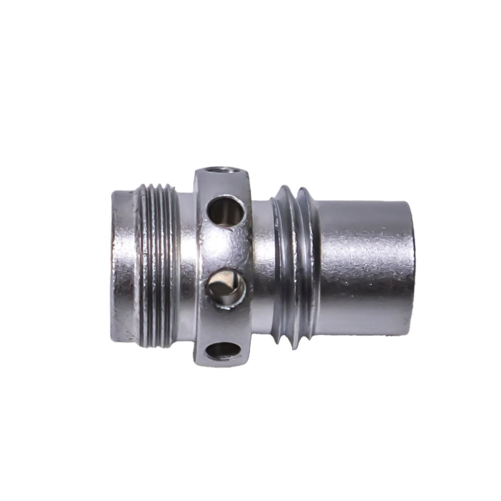 A silver metallic cylindrical fitting with a threaded end, central holes, and a grooved section