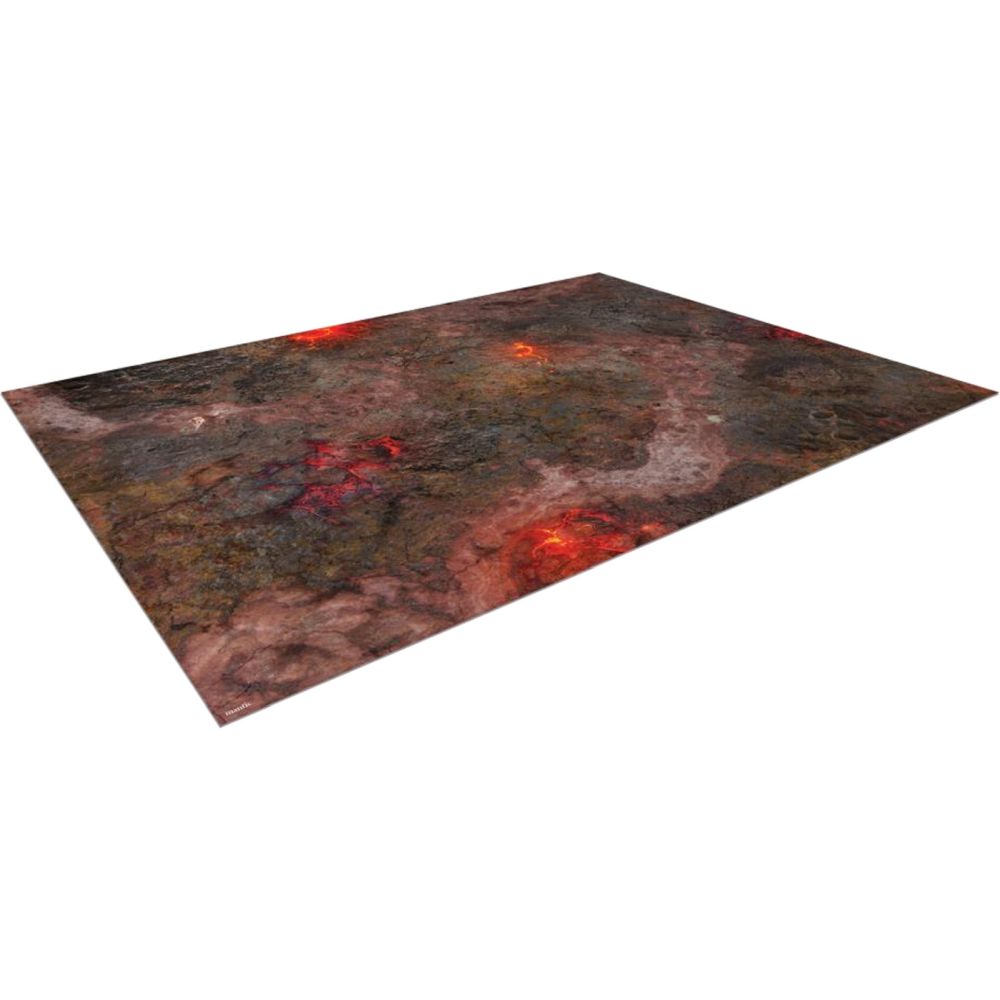 Rectangular gaming mat depicting a fiery volcanic landscape with dark rock and glowing red-orange lava