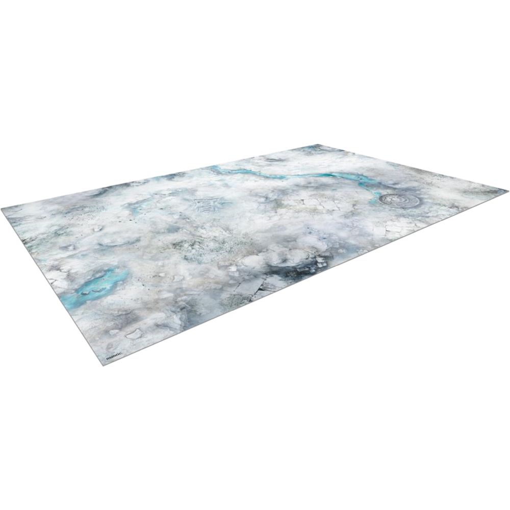 A rectangular gaming mat with a detailed icy terrain design, showing cracked grey ice and patches of blue water