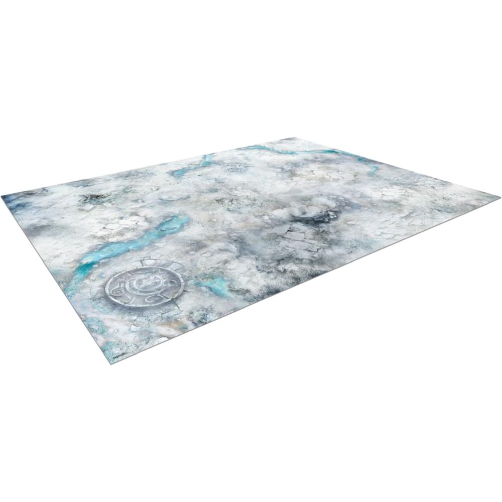 Rectangular terrain mat with cracked icy ground, blue fissures, and an ancient circular symbol