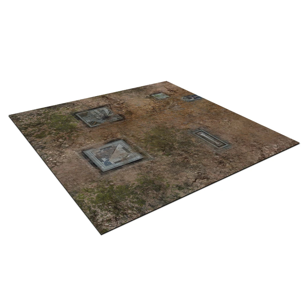 A tabletop wargaming mat depicting a muddy, ruined landscape with several metal grates and sunken structures