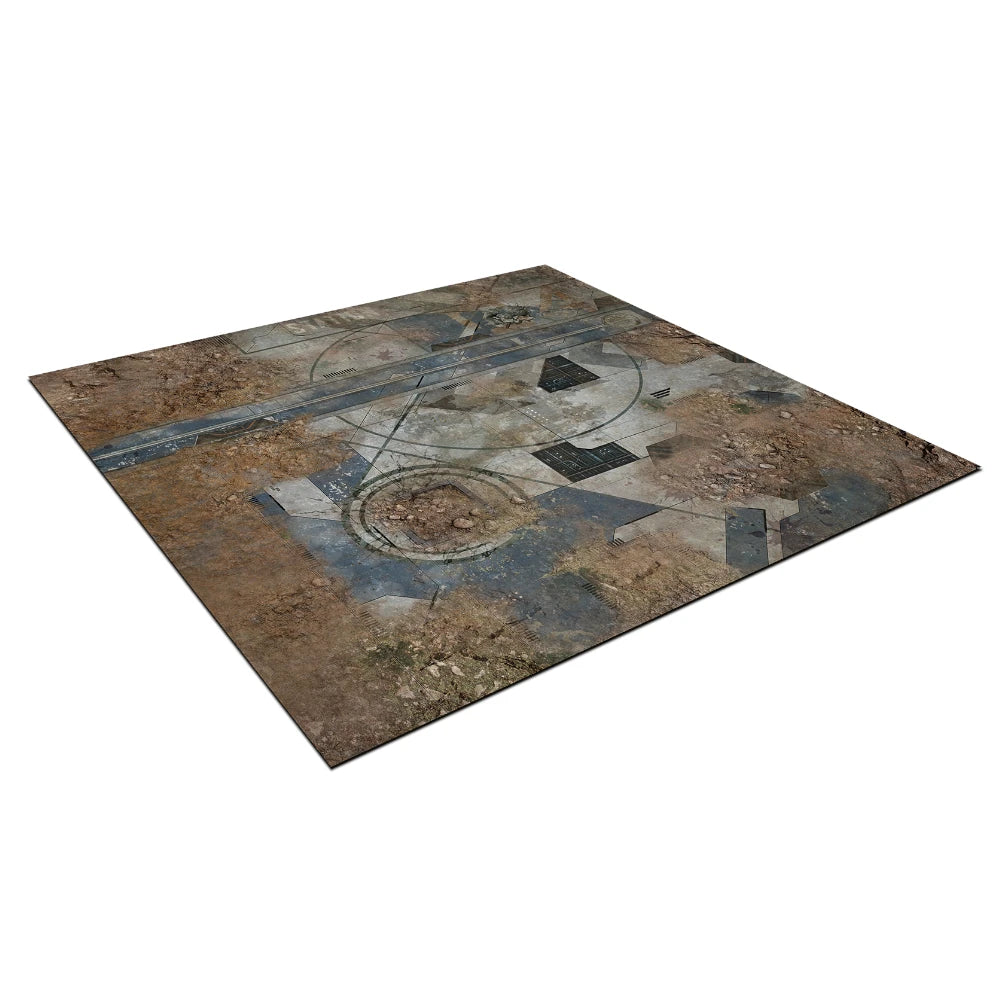 Square game mat for tabletop gaming, featuring a detailed ruined landscape with cracked concrete, metal and rubble