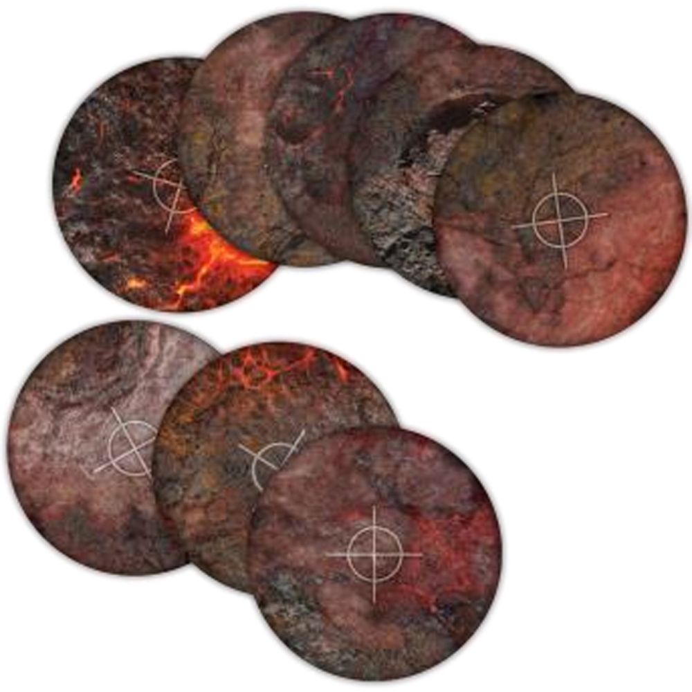 Eight circular tokens textured like volcanic rock and glowing lava, each with a white crosshair symbol