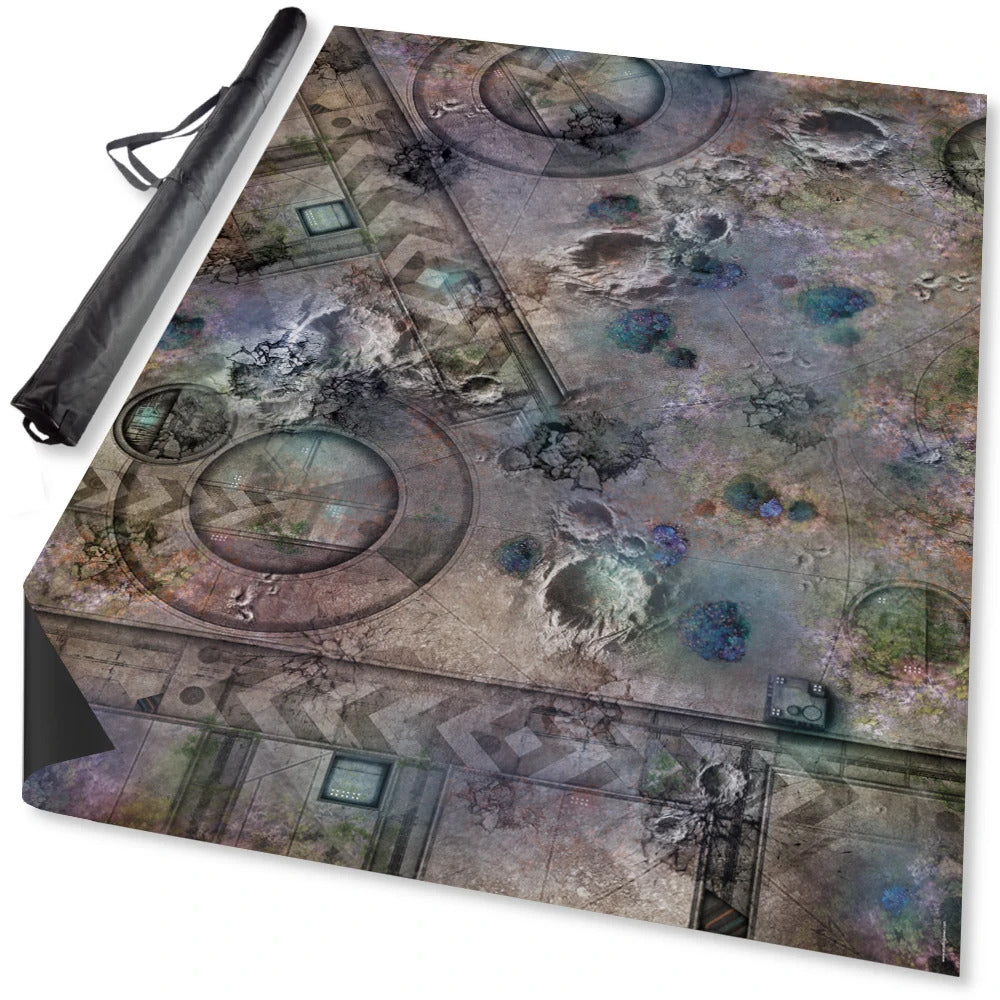 A detailed tabletop gaming mat depicting a ruined sci-fi landscape with craters, platforms and colourful plants