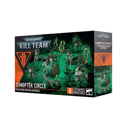 Kill Team Canoptek Circle box for Warhammer 40K, featuring 8 Necron metallic Sentinels miniatures with green glow