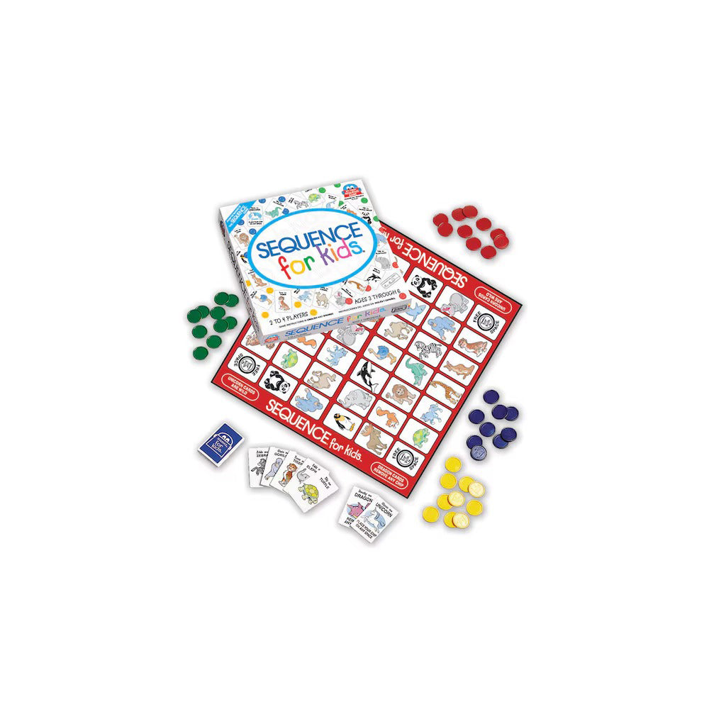 Sequence for Kids game set: box, animal board, playing cards, and multi-coloured marker chips