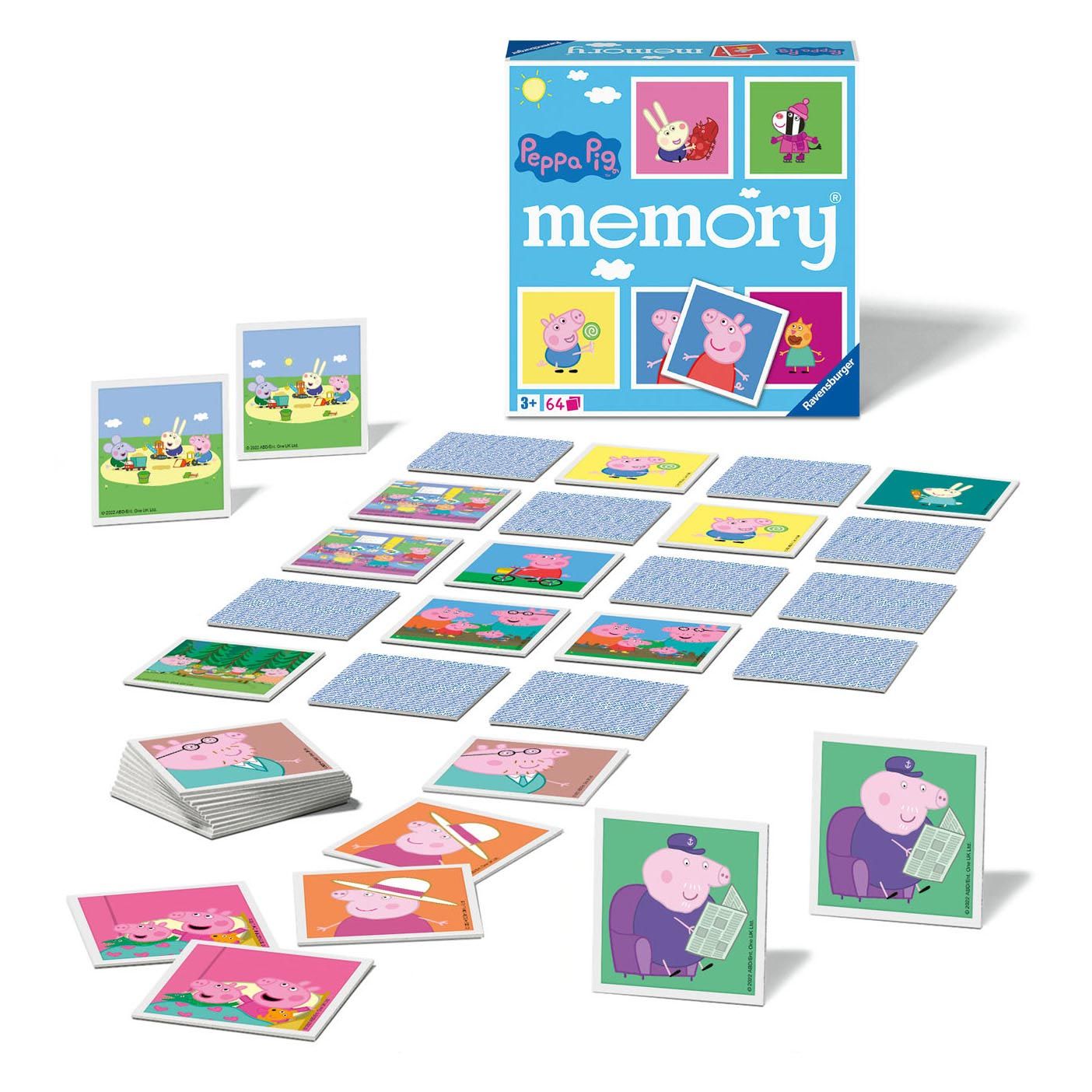 Peppa Pig Memory game box and matching cards scattered on a white surface