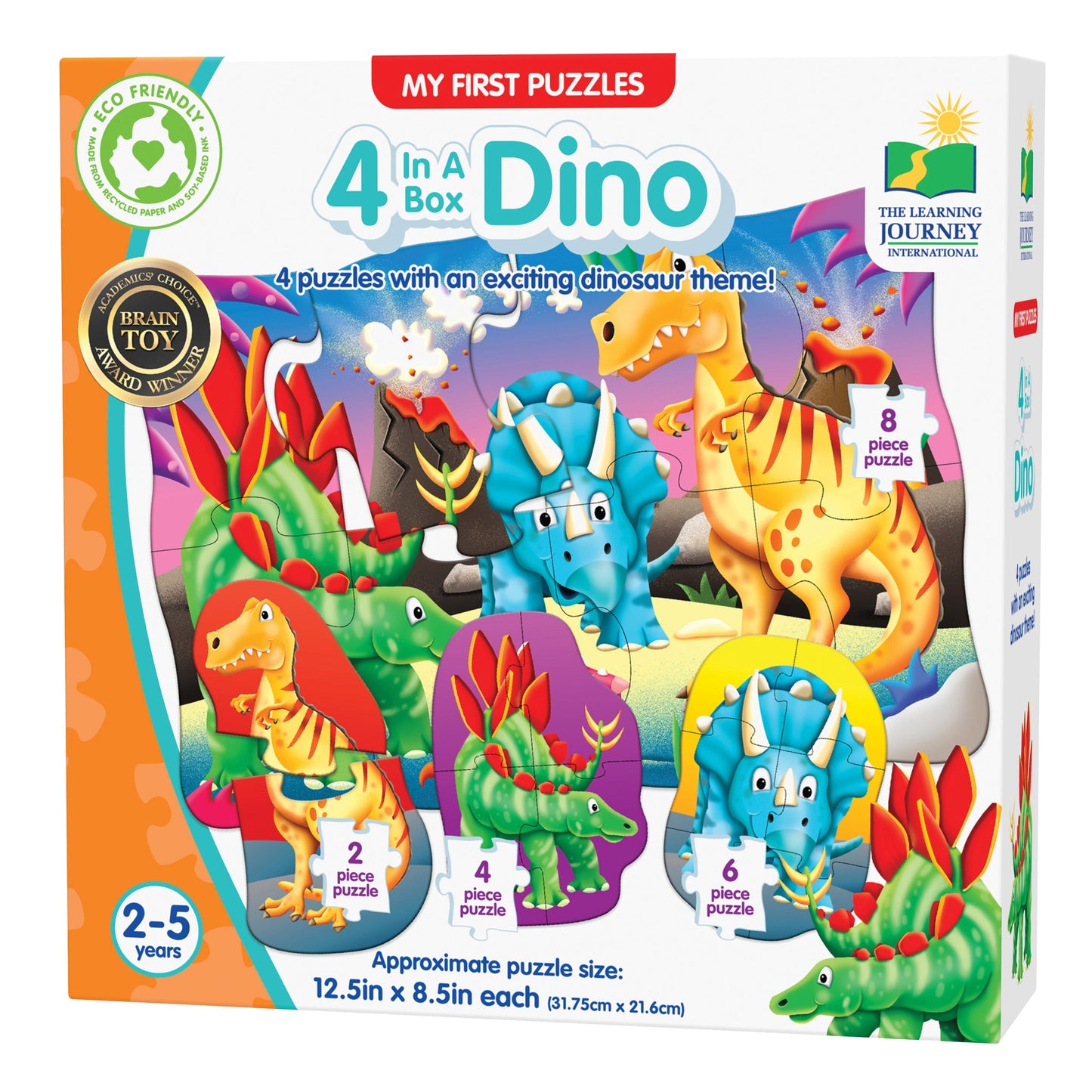 Box of "My First Puzzles: 4 In A Box Dino," Contains four beginner dinosaur jigsaw puzzles (2, 4, 6, 8 pieces) for kids ages 2-5