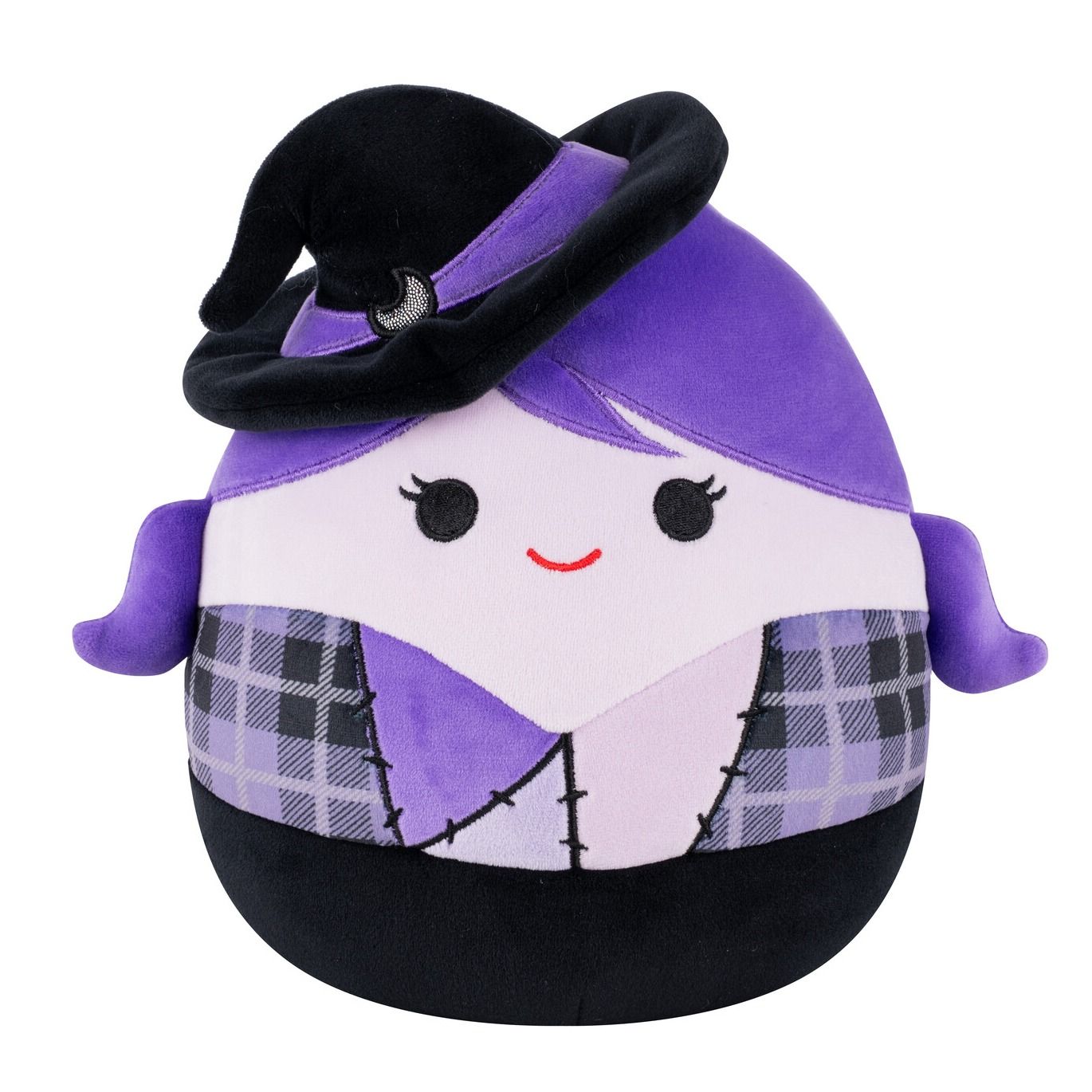 A purple plush toy witch with a black hat, black eyes, red smile, and a purple plaid shirt on a white background