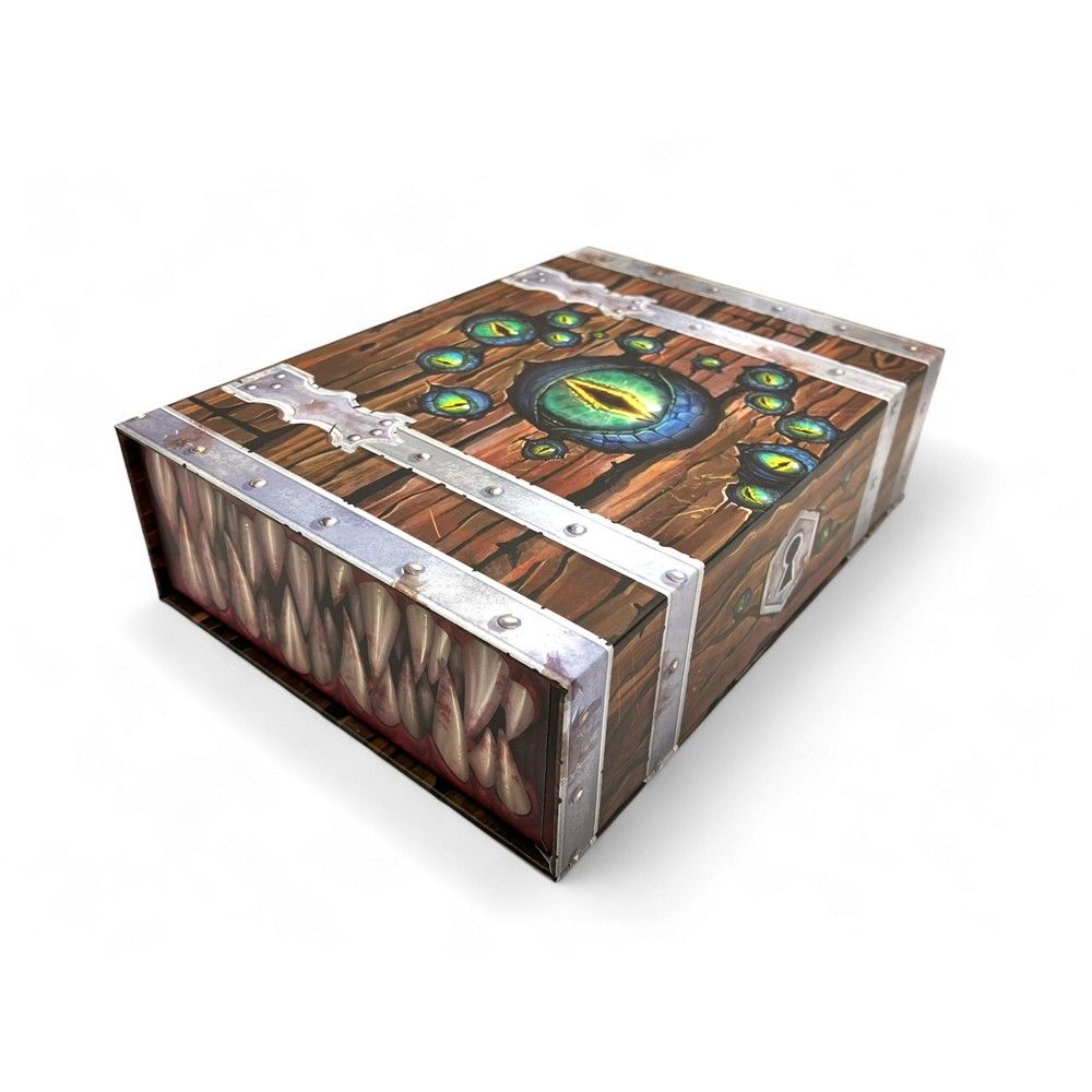 Mimic treasure chest box with a central reptilian eye, multiple small eyes, and sharp monster teeth on the side