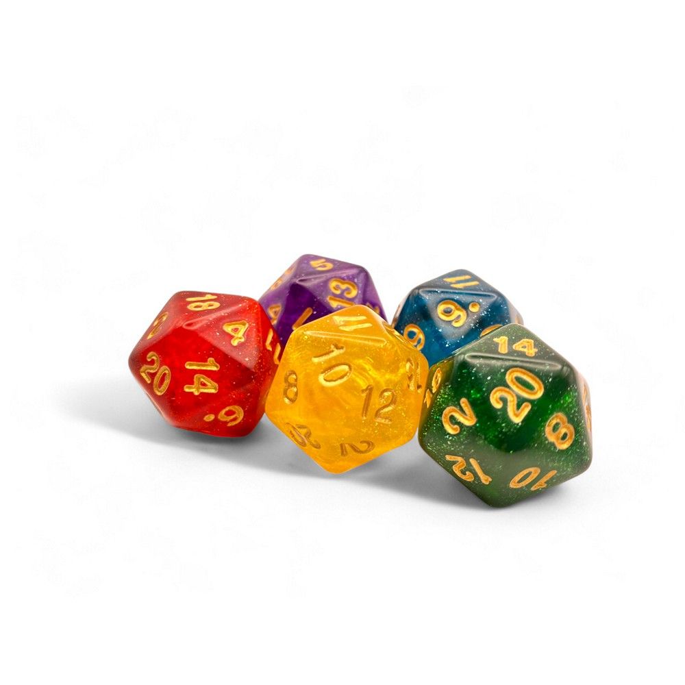 Five multicoloured translucent d20 gaming dice (red, yellow, green, purple, blue) with gold numbering on a white background