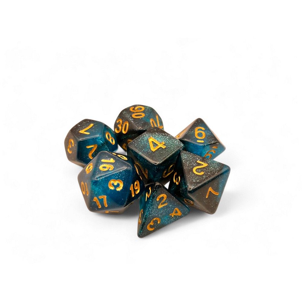 Glittering dark blue polyhedral dice set (7 pieces) with gold numbers