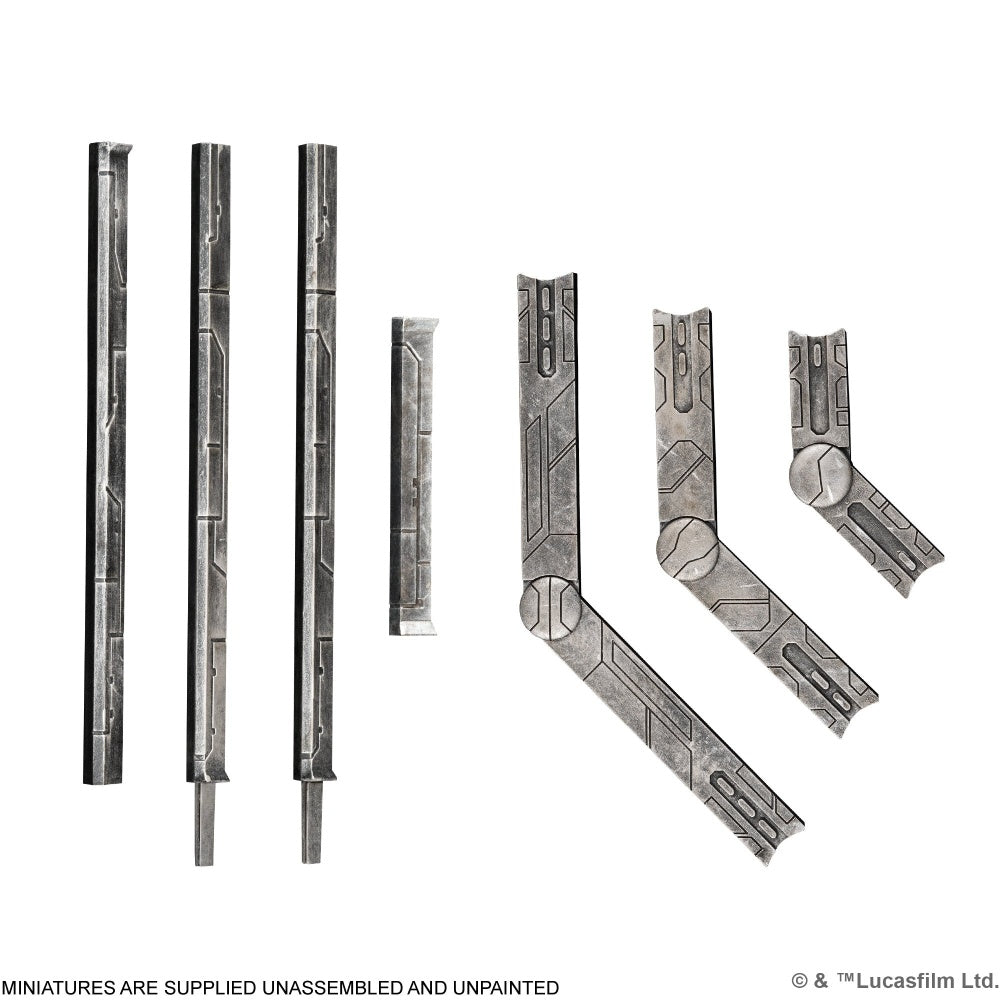 Unassembled gray terrain pieces: straight columns and angled sci-fi structural supports