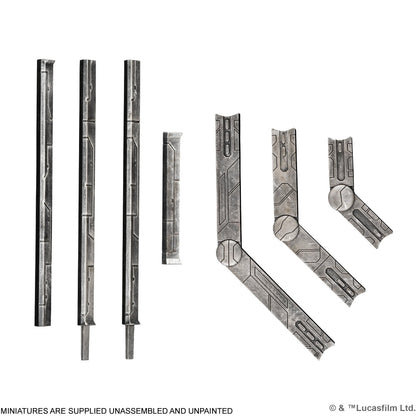 Unassembled gray terrain pieces: straight columns and angled sci-fi structural supports
