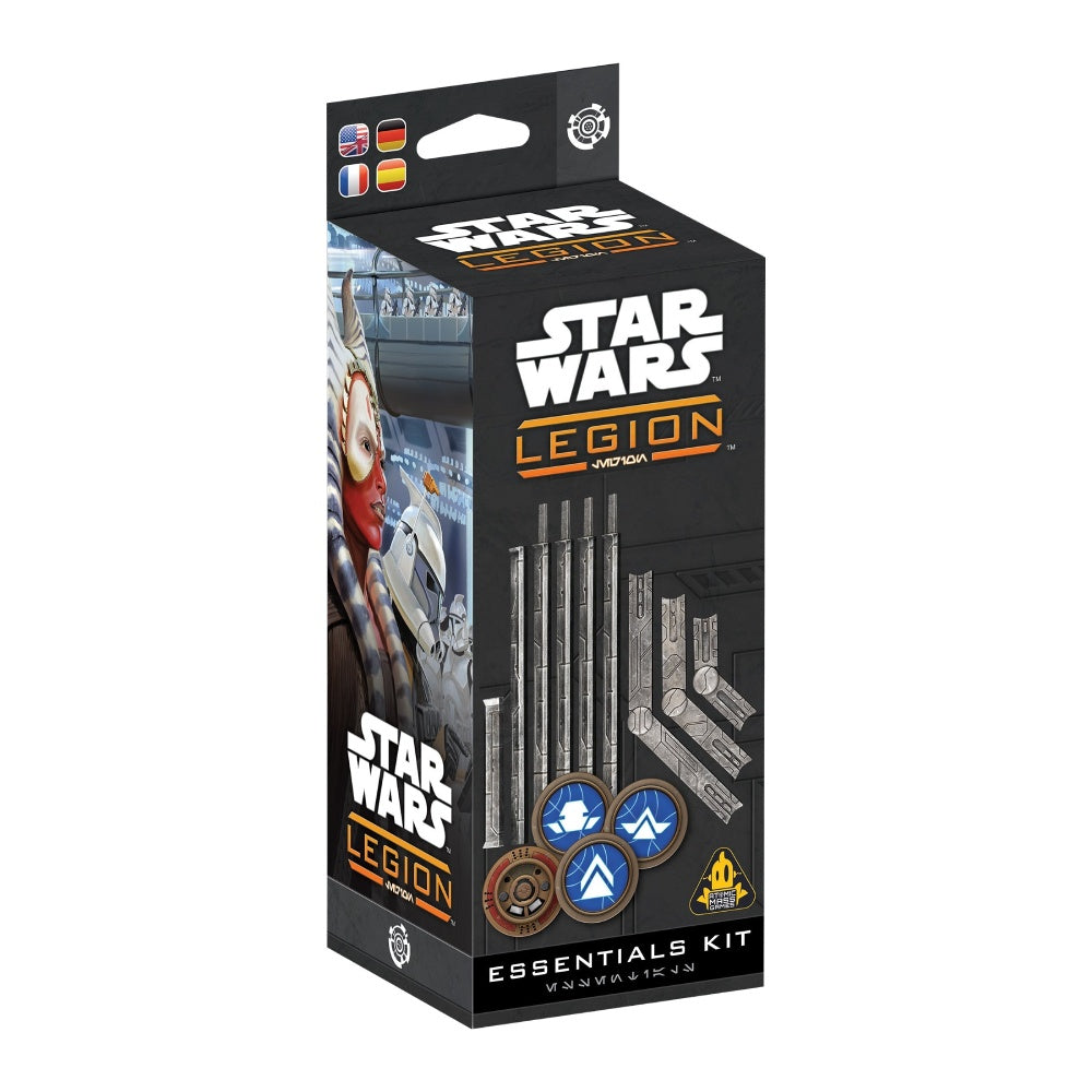 Star Wars Legion Essentials Kit box displaying terrain barriers, command tokens, and Ahsoka Tano artwork
