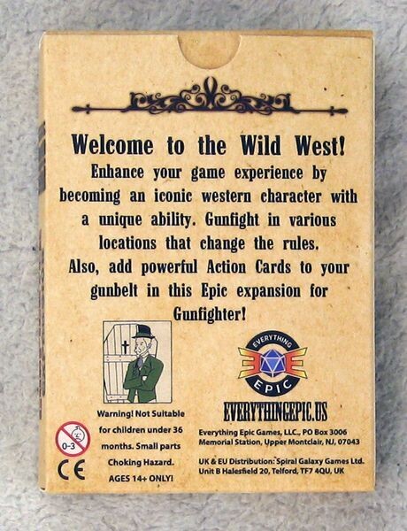 Gunfighter Wild West Epic expansion box back, warning ages 14+ only