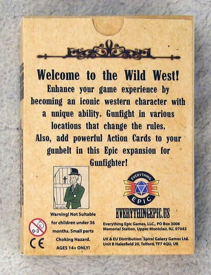 Gunfighter Wild West Epic expansion box back, warning ages 14+ only
