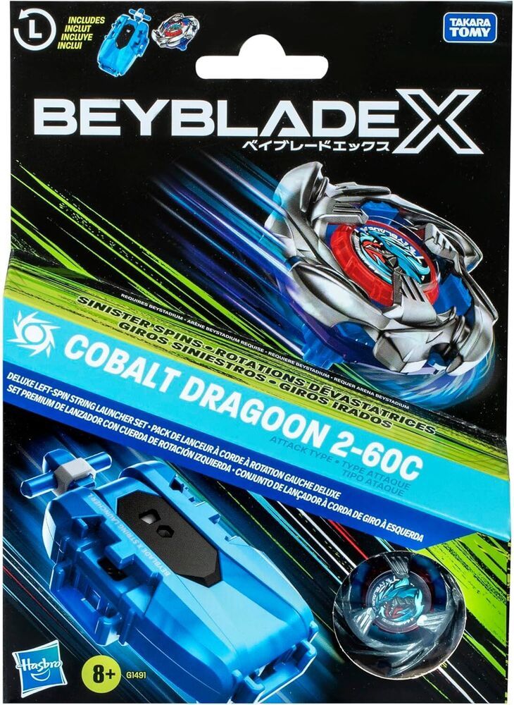 Beyblade X Cobalt Dragoon 2-60C starter set packaging showing the blue/silver spinning top and matching left-spin string launcher