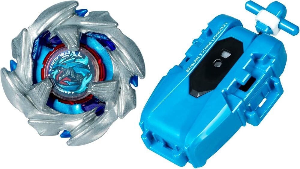 Beyblade battle top (silver/blue dragon design) and blue Beyblade X String Launcher L accessory