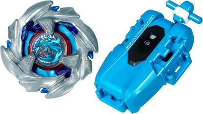 Beyblade battle top (silver/blue dragon design) and blue Beyblade X String Launcher L accessory