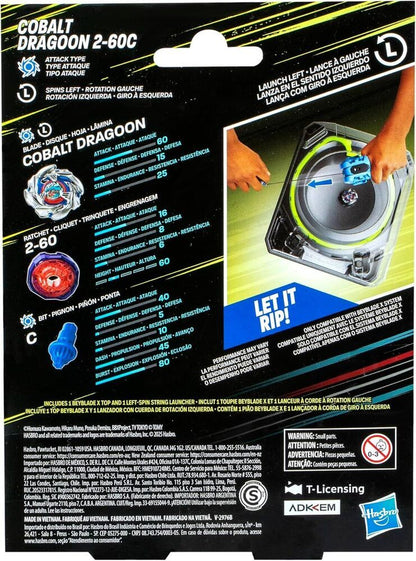 Beyblade X Cobalt Dragoon 2-60C stats on packaging, showing Attack Blade, Ratchet, Bit components, and a left-spin launcher demonstration