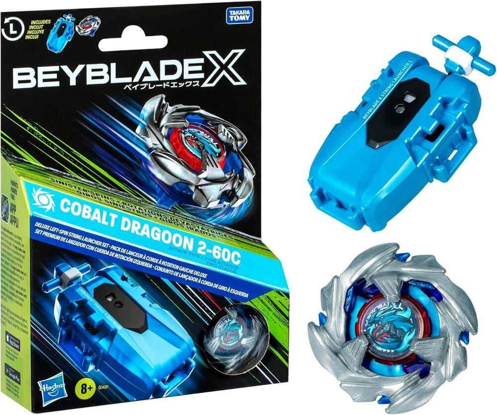 Beyblade X Cobalt Dragoon 2-60C Deluxe Launcher Set featuring the silver/blue top and blue string launcher, next to the packaging